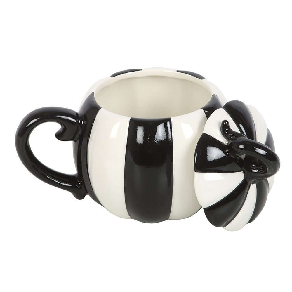 Gothic Gifts Black and White Striped Pumpkin Lidded Mug - Kate's Clothing