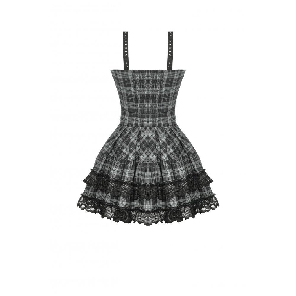 Dark in Love Ida Punk Grey Plaid Metal Studded Dress - Kate's Clothing
