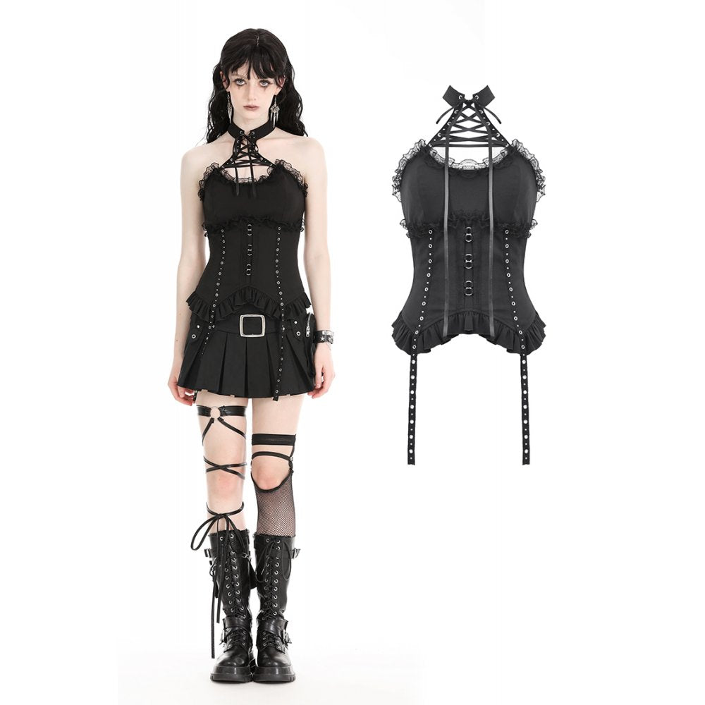 Dark in Love Teo Lace Up Collar Top - Kate's Clothing