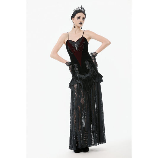 Dark in Love Gothic Lace Velvet Layered Maxi Skirt in Black