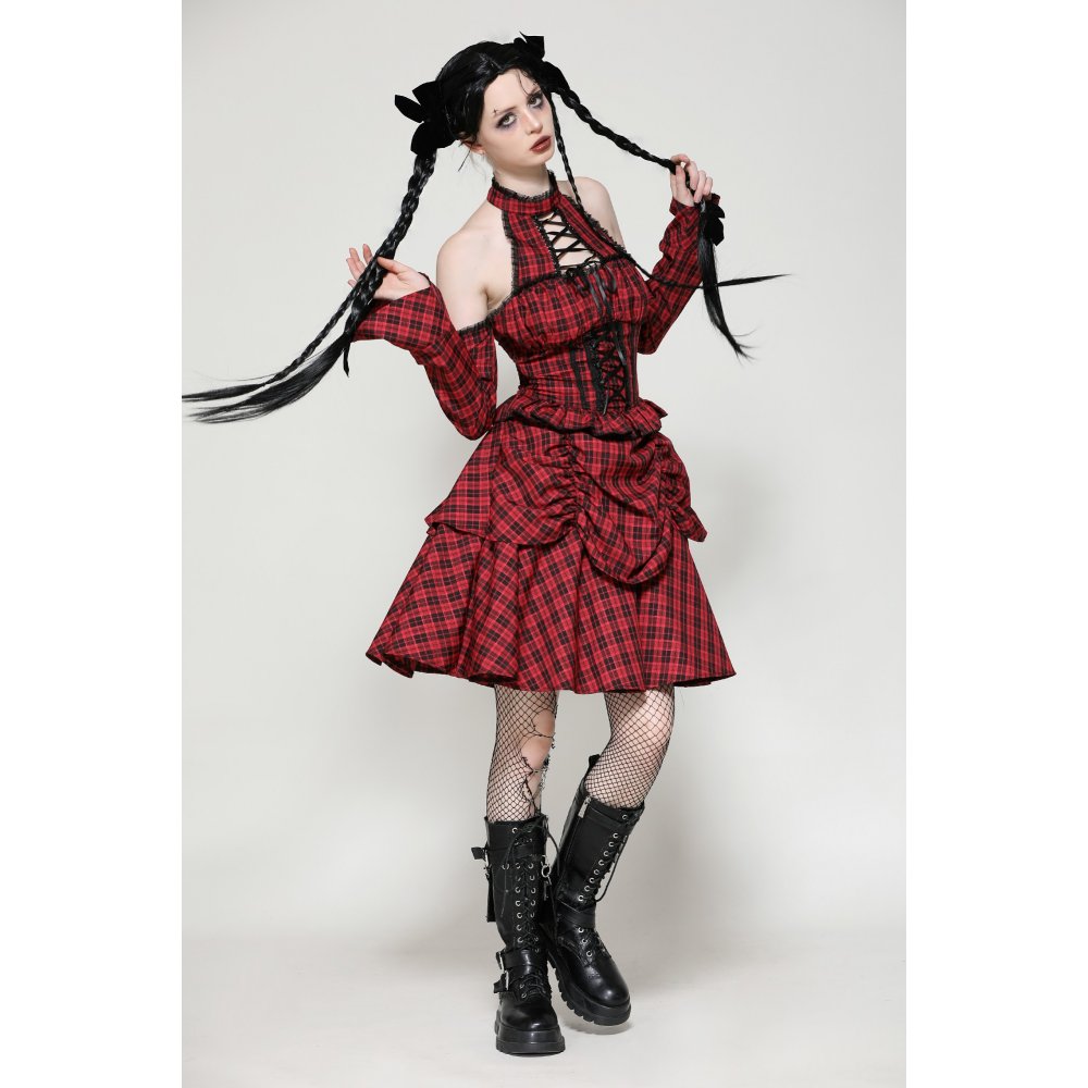 Dark in Love Rosalind Black and Red Tartan Cold Shoulder Halterneck Dress - Kate's Clothing