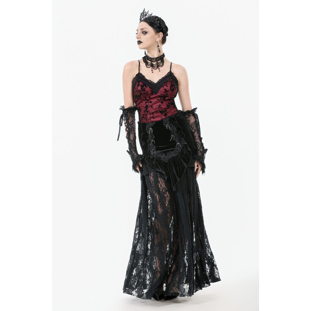 Dark in Love Althea Lace-Trimmed Velvet Goth Camisole in Burgundy