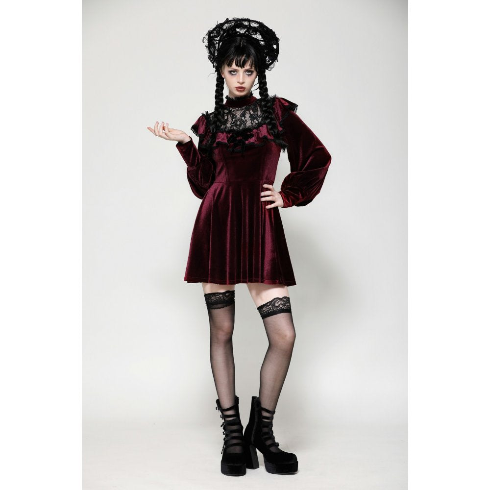 Dark in Love Verity Burgundy Velvet Dress with Black Gothic Lace - Kate's Clothing