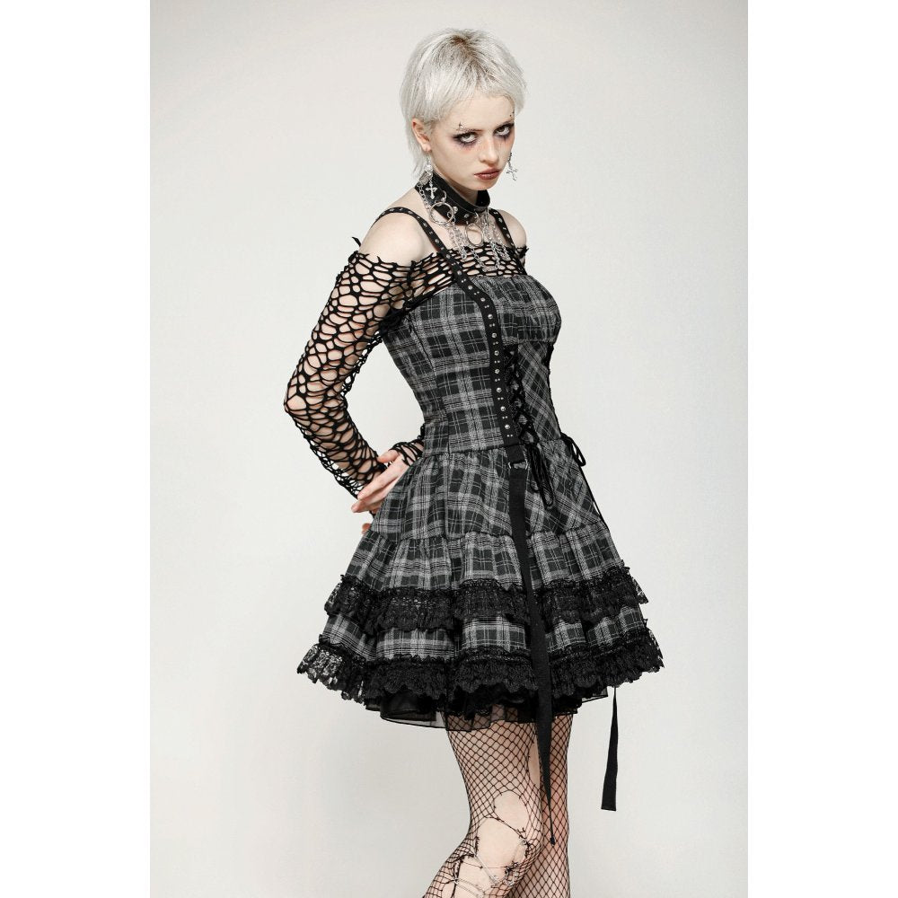 Dark in Love Ida Punk Grey Plaid Metal Studded Dress - Kate's Clothing