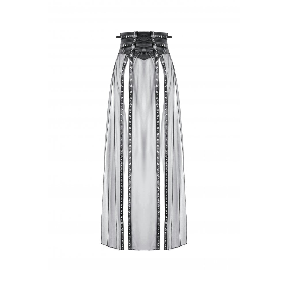 Dark in Love Gothic Sheer Mesh Maxi Skirt with PU Waist Corset