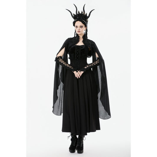 Model wearing lace gothic shrug with floor-length sleeves