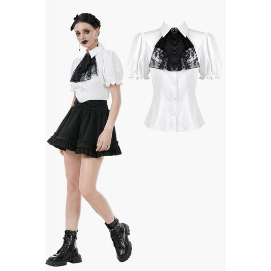 Dark in Love Elysia Ruffle Bib Puff Sleeve Goth Blouse in White