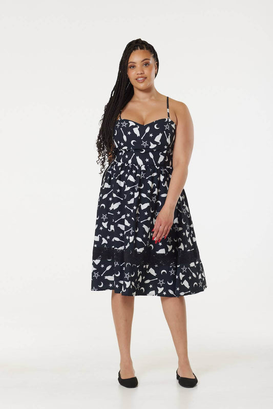 Alternative Midi Fit&Flare Witch Print Dress with Lace hem