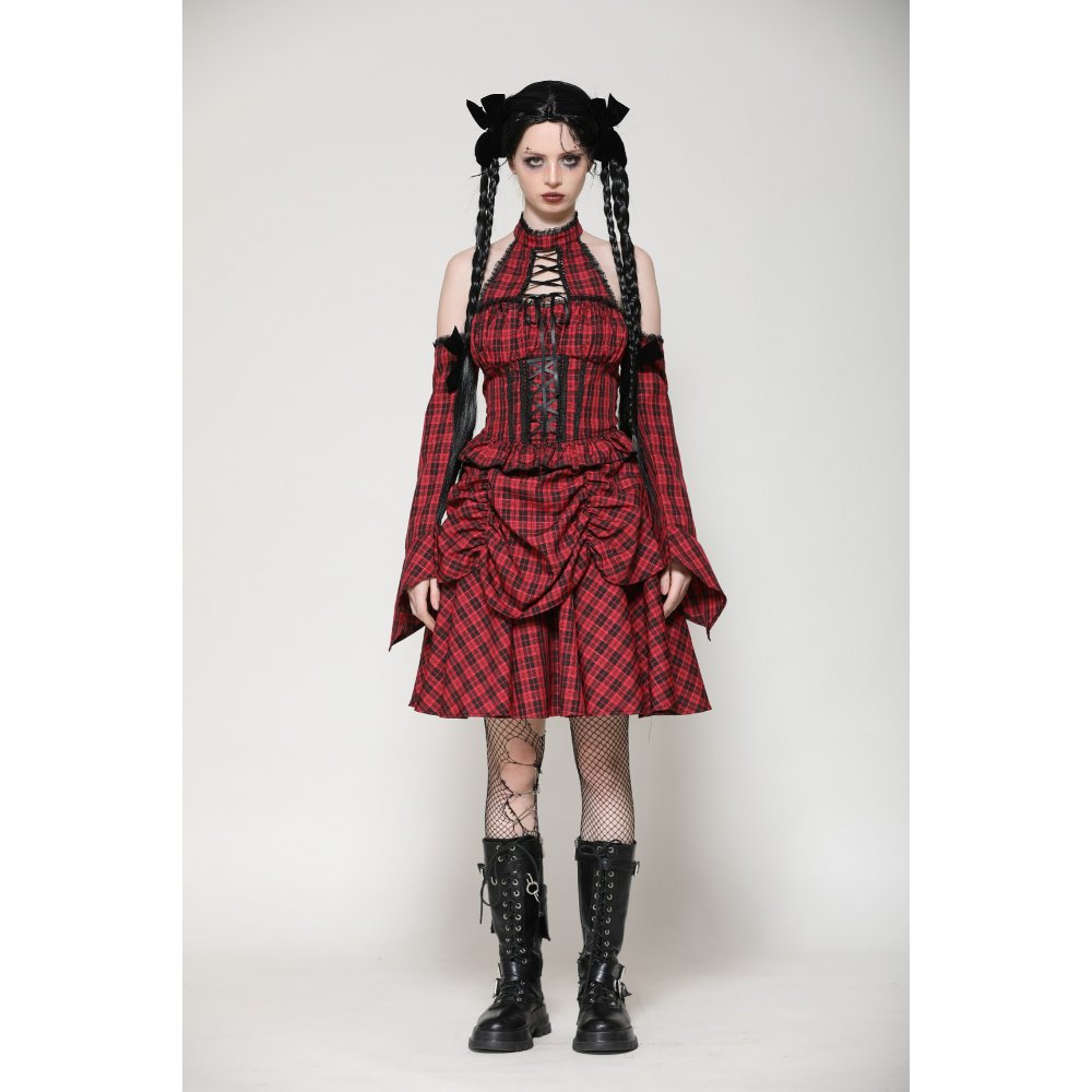 Dark in Love Rosalind Black and Red Tartan Cold Shoulder Halterneck Dress - Kate's Clothing