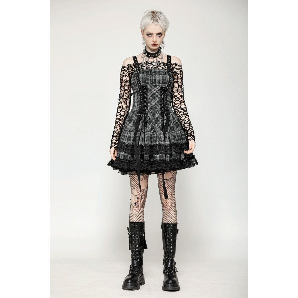 Dark in Love Ida Punk Grey Plaid Metal Studded Dress - Kate's Clothing