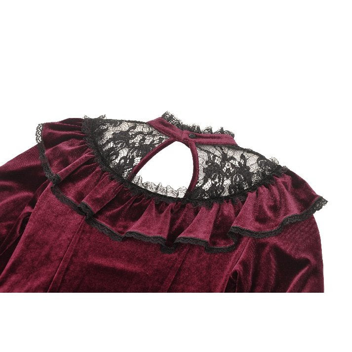 Dark in Love Verity Burgundy Velvet Dress with Black Gothic Lace - Kate's Clothing