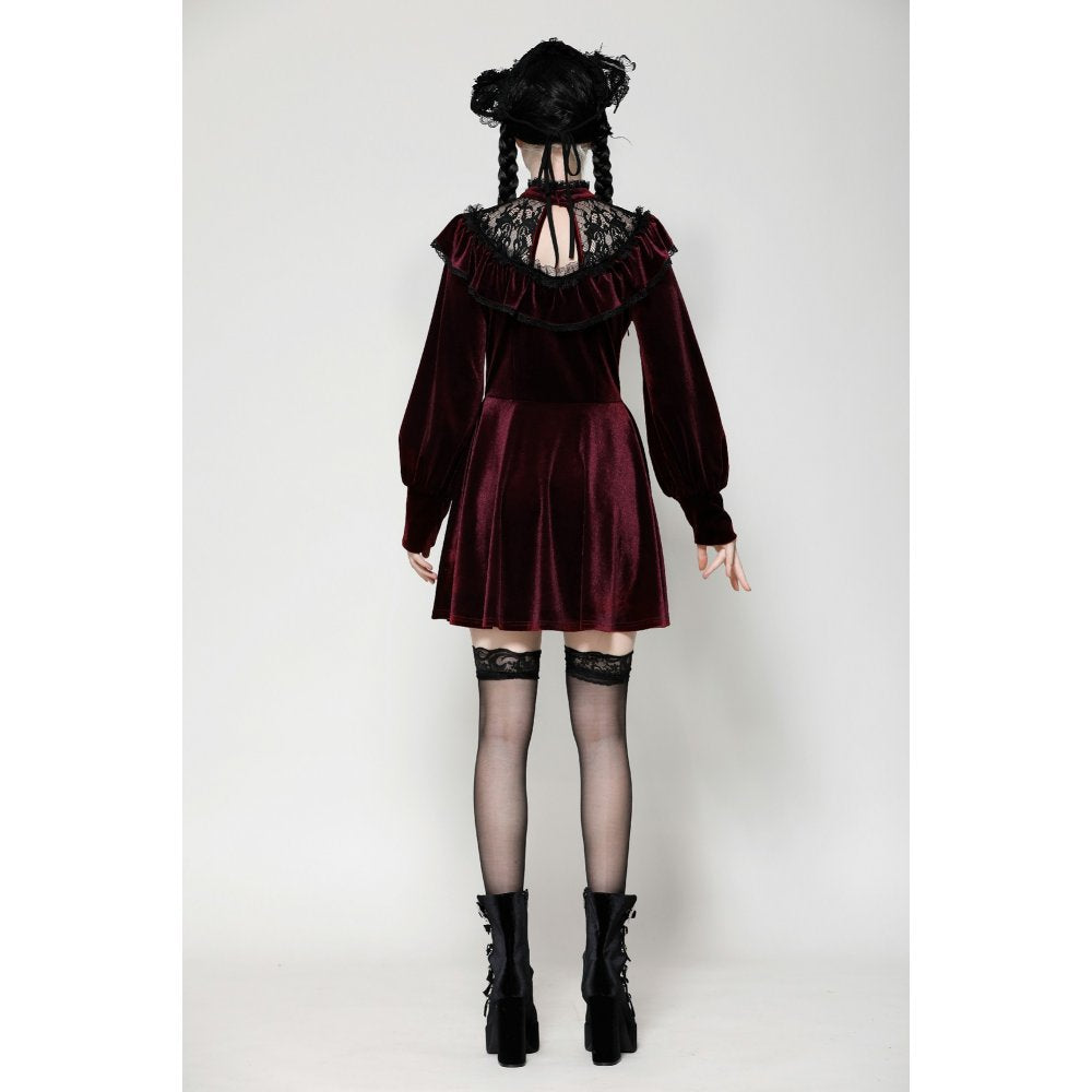 Dark in Love Verity Burgundy Velvet Dress with Black Gothic Lace - Kate's Clothing