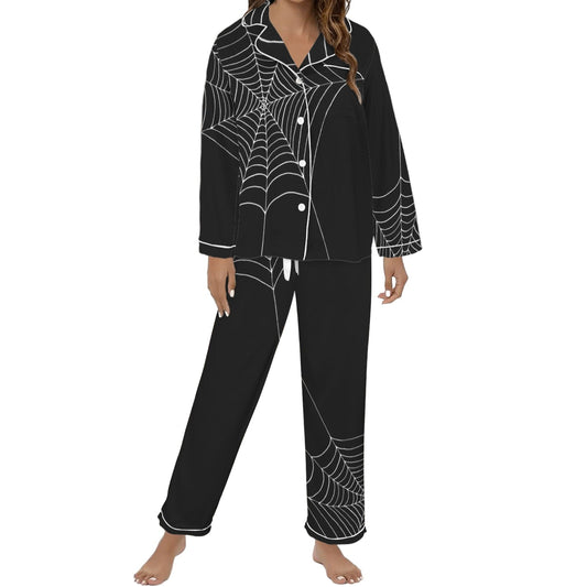 ANTIBrand black satin pajamas with white spiderweb print