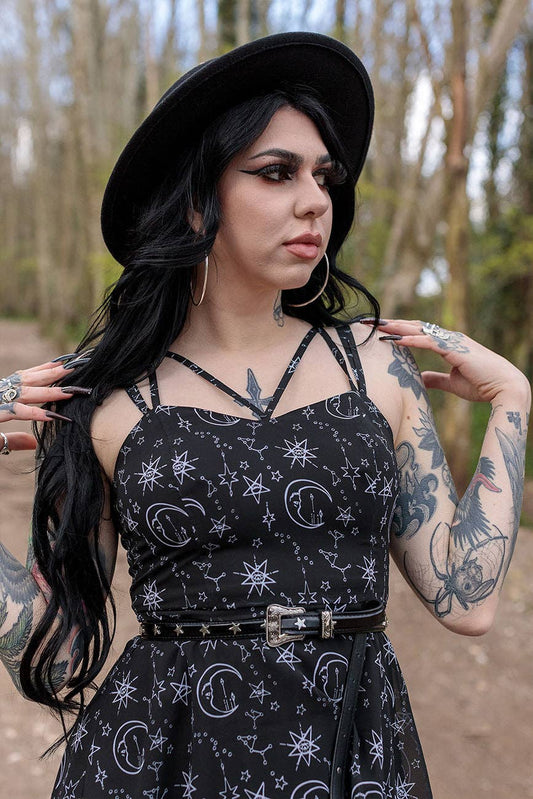 Alternative Crossover Midi Moon print Neck Dress In Chiffon