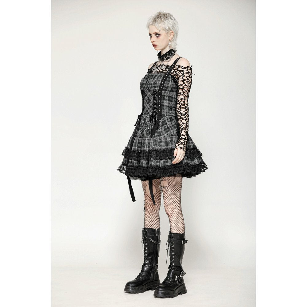 Dark in Love Ida Punk Grey Plaid Metal Studded Dress - Kate's Clothing