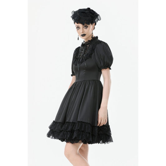 Dark in Love Belladonna Lace-Up High Collar Puff Sleeve Goth Dress  in Black