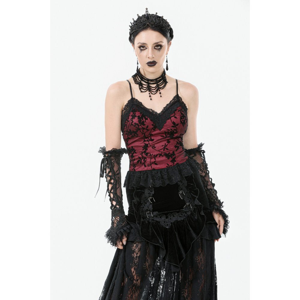 Dark in Love Althea Lace-Trimmed Velvet Goth Camisole in Burgundy