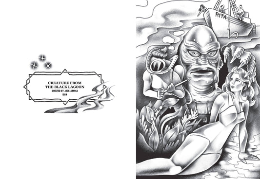 Creature from the Black Lagoon: Creature from the Black Lagoon page spread: title label on the left, black-and-white gill-man, diver and swimmer to colour on the right.