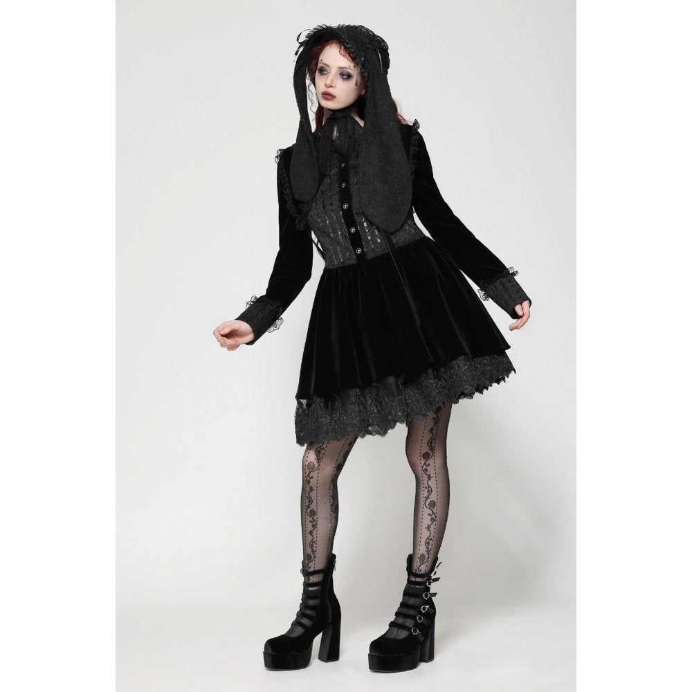 Dark in Love Elowen Black Gothic Lolita Rabbit Ear Bonnet in Rose Lace - Kate's Clothing