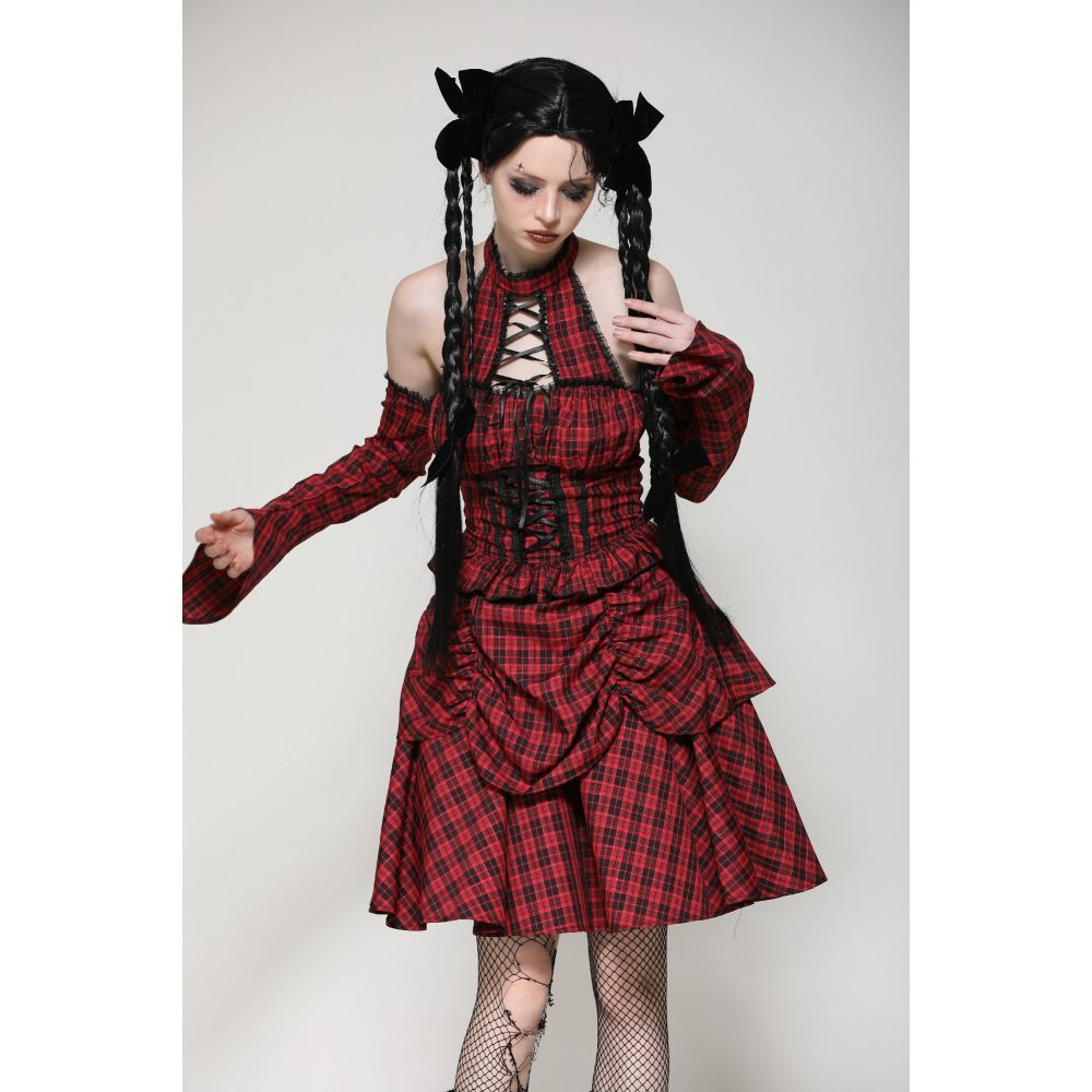 Dark in Love Rosalind Black and Red Tartan Cold Shoulder Halterneck Dress - Kate's Clothing