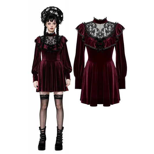 Dark in Love Verity Burgundy Velvet Dress with Black Gothic Lace - Kate's Clothing