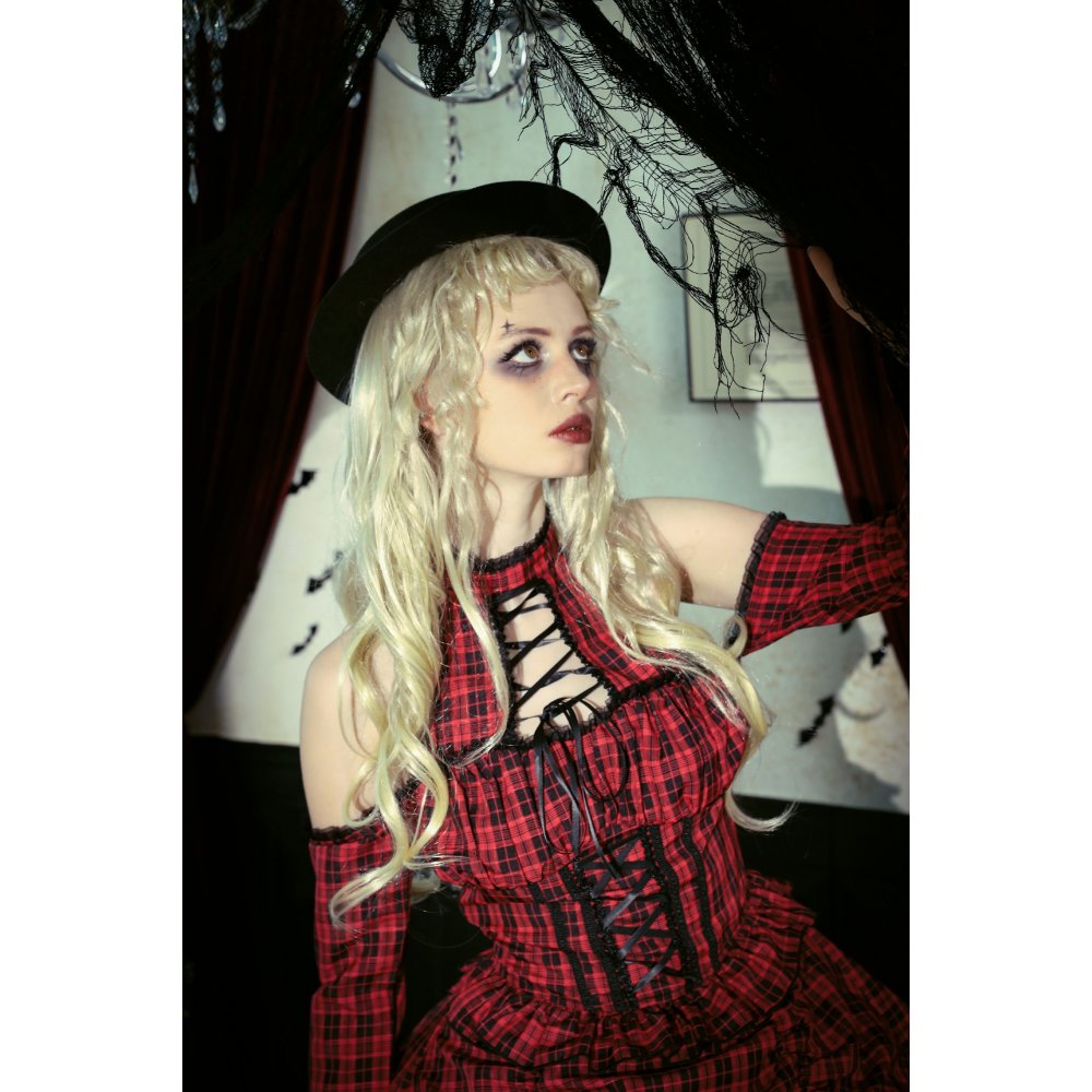 Dark in Love Rosalind Black and Red Tartan Cold Shoulder Halterneck Dress - Kate's Clothing