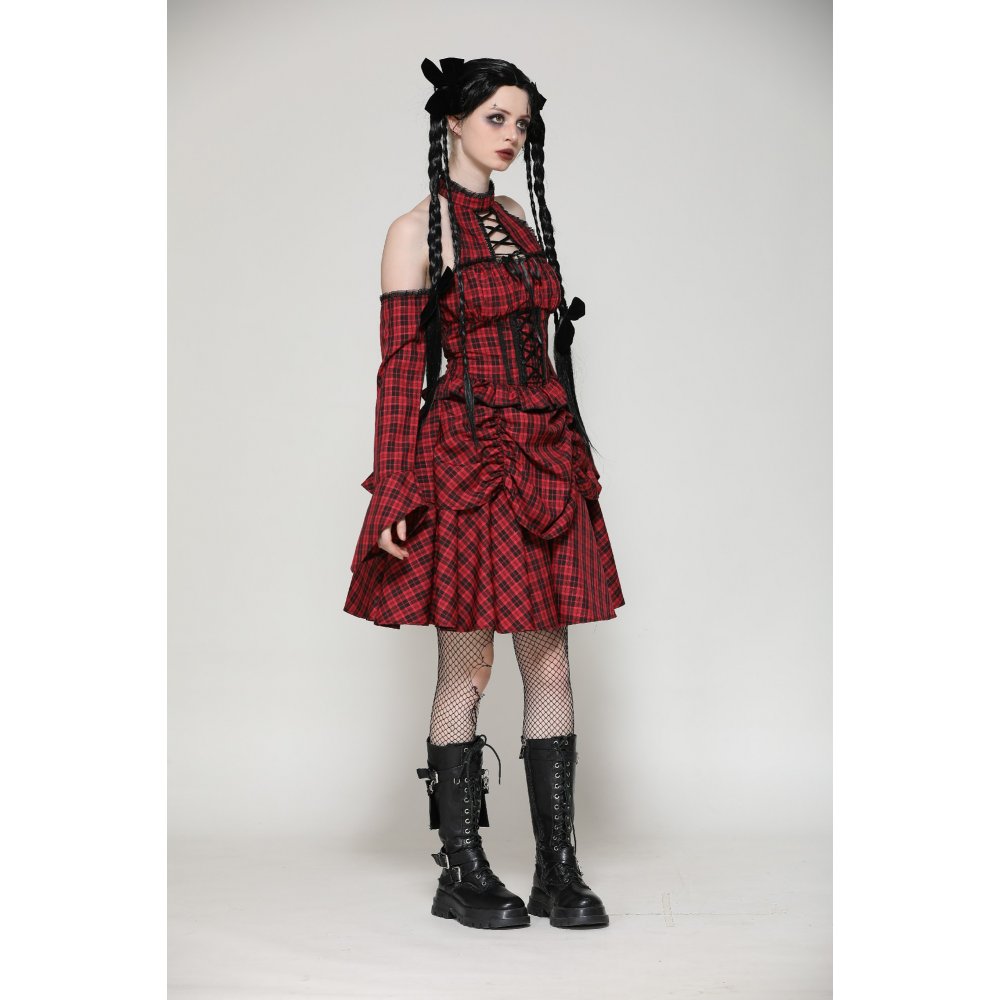 Dark in Love Rosalind Black and Red Tartan Cold Shoulder Halterneck Dress - Kate's Clothing