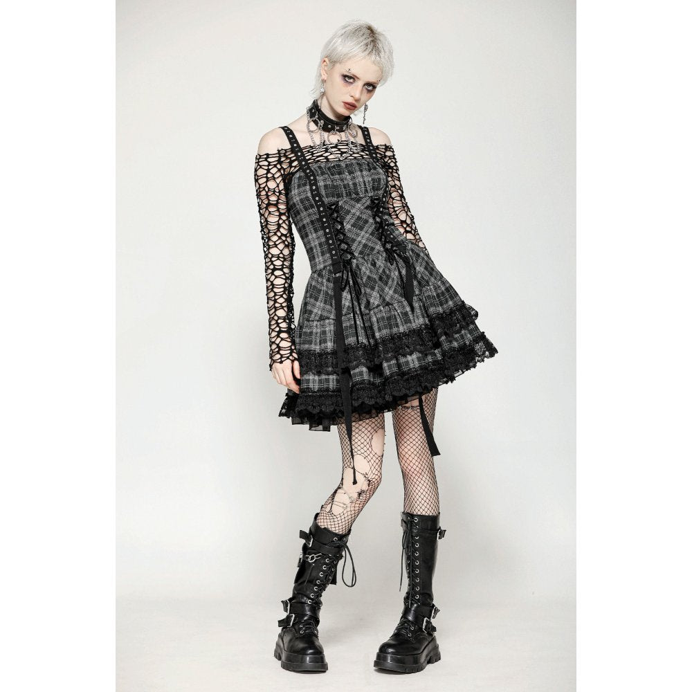 Dark in Love Ida Punk Grey Plaid Metal Studded Dress - Kate's Clothing
