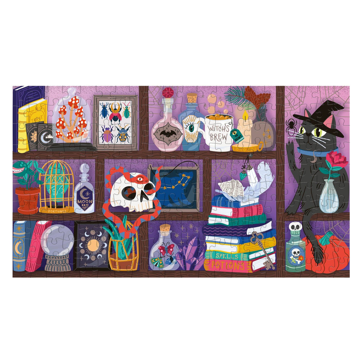 The finished puzzle: wide shelves stocked with potion bottles, books and other Halloween curiosities in pinks, purples and teals.