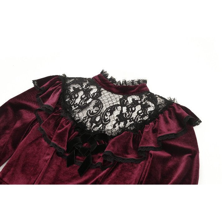 Dark in Love Verity Burgundy Velvet Dress with Black Gothic Lace - Kate's Clothing