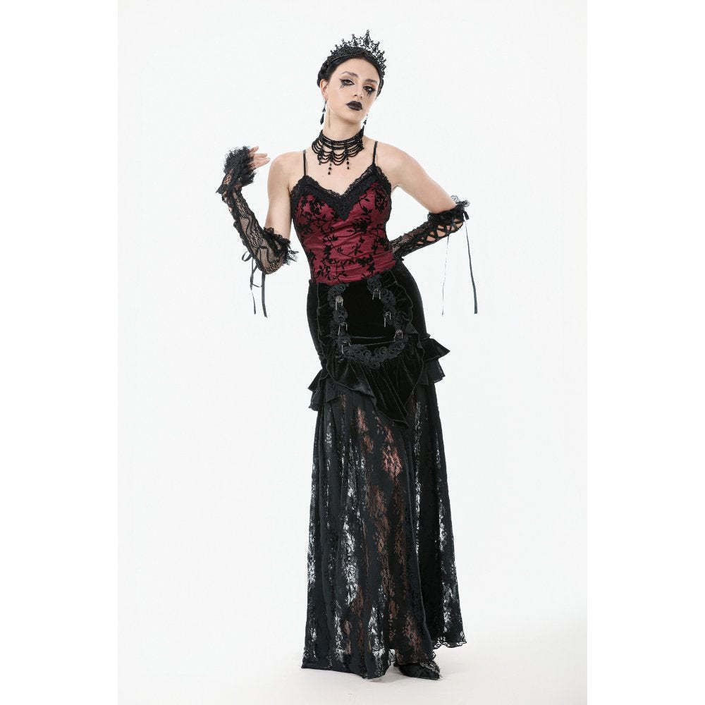 Dark in Love Althea Lace-Trimmed Velvet Goth Camisole in Burgundy