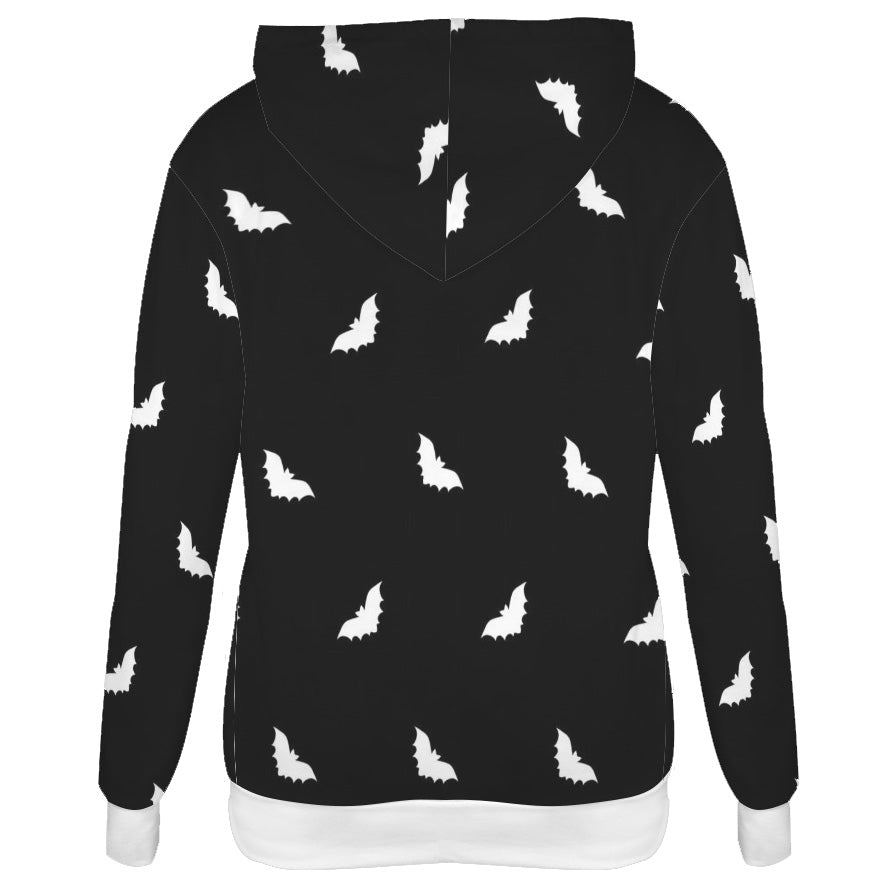 Goth black hoodie with white bat pattern on a white background
