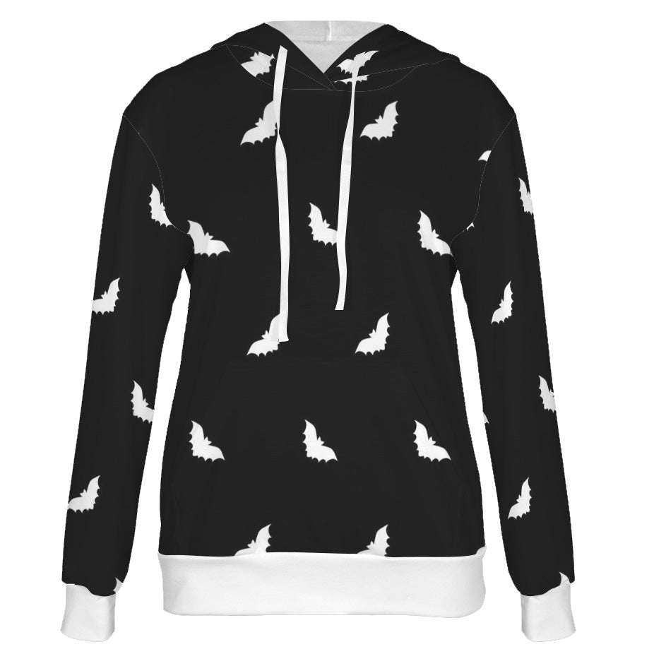 Goth hoodie with black background and white bat print – ANTIBrand Bats on Repeat design