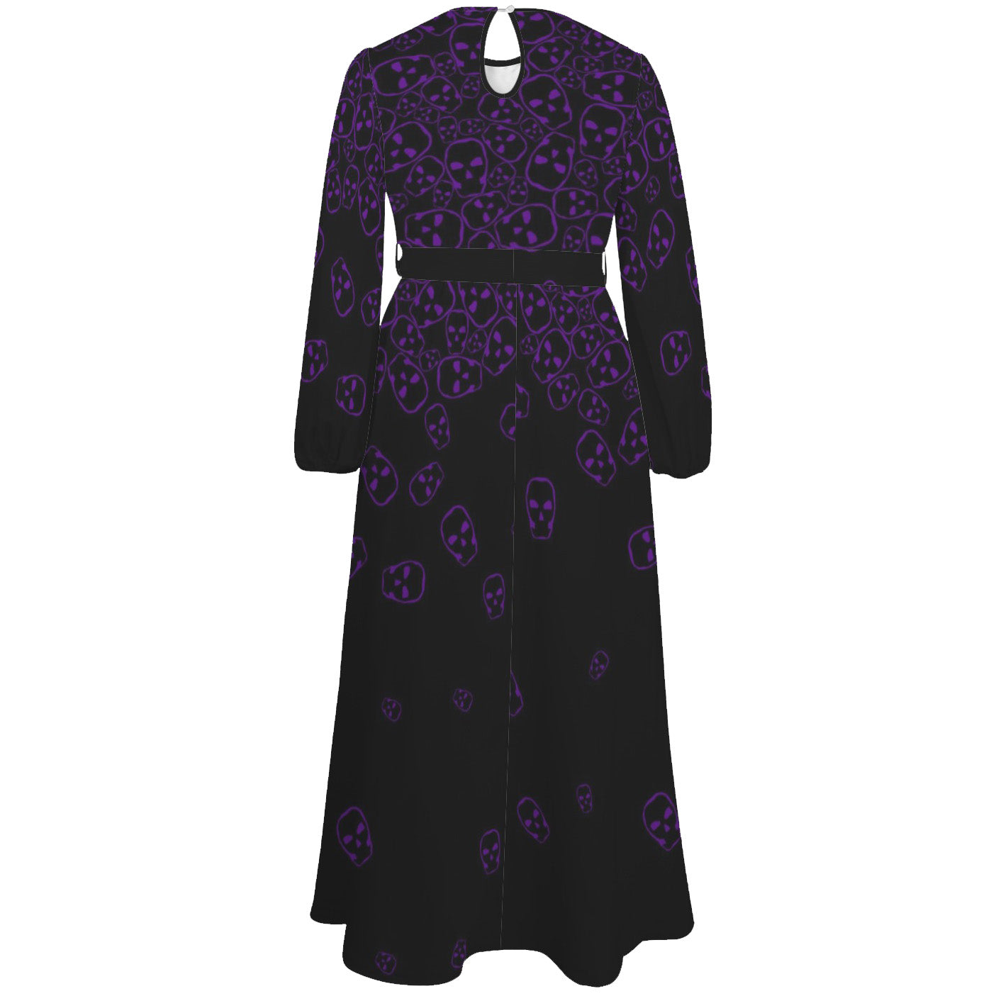 Long sleeve black maxi dress with purple skulls design