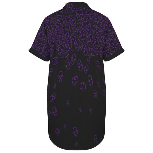 Black shirt dress with cascading purple skulls design