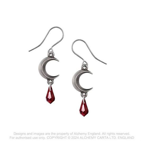 Alchemy Gothic Tears of the Moon Earrings with Red Crystal Tear