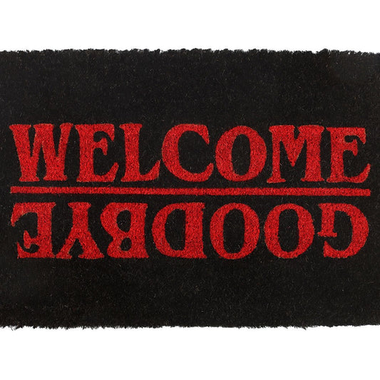 Gothic Doormat featuring red lettering that reads 'WELCOME' and 'GOODBYE' on a black background.