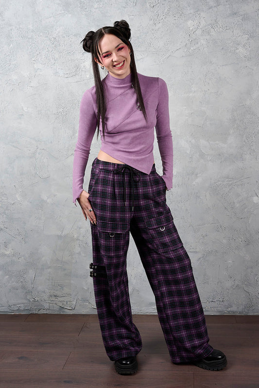 Banned Apparel Checkpoint Chaos Purple Tartan Trousers styled on an alt model