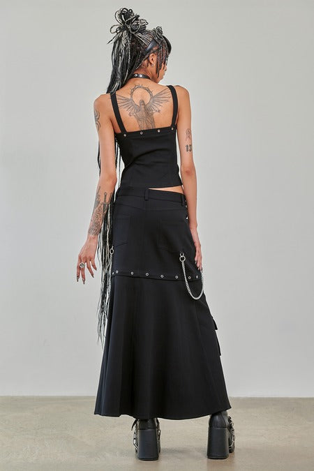 Gothic Cargo Skirt black zip-off design worn by model showcasing punk style with utility pockets and D-ring detail.