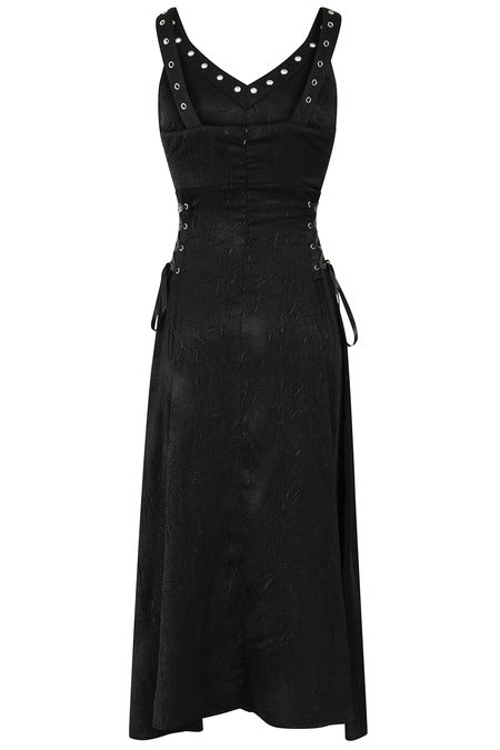 Gothic High Low Dress Black Asymmetric Banned Apparel featuring studded straps and lace-up sides.