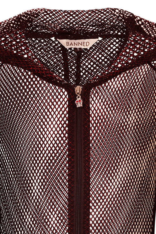 Banned Apparel Liora Red Metallic Fishnet Hoodie Close up of the skull zip pull