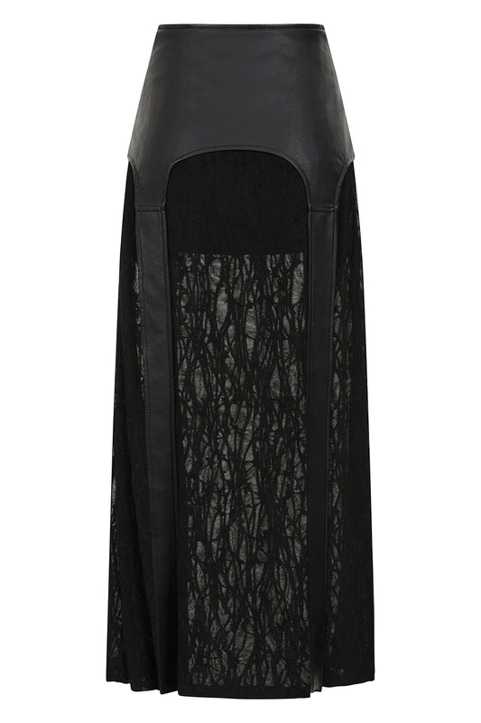 Banned Apparel Velkyn Faux Leather & Knit Panel Skirt in Black back view