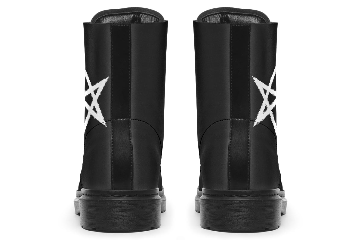 Black boots with white star designs on a white background