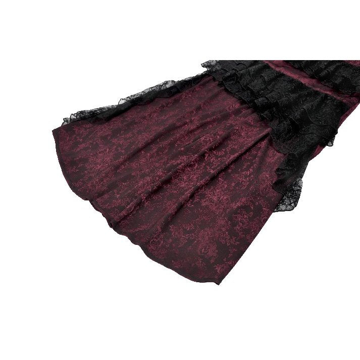 Dark in Love Belladonna Burgundy Brocade and Lace Prom Dress closeup of the lower part