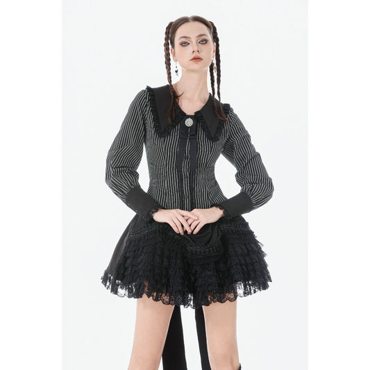 Dark in Love Gothic Peter Pan Collar Lace Shirt - Dark Academia Striped Cotton close up on model