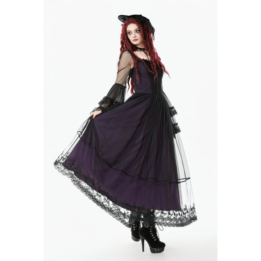 Dark in Love Lilith Bell Sleeve Gothic Maxi Dress pulled out to show the skirt flare