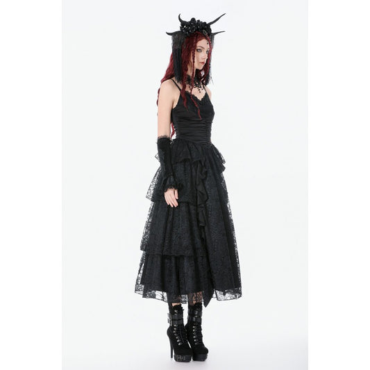 Model wearing Dark in Love Minerva Gothic Satin Lace Dress with ruffles and a headpiece on a white background