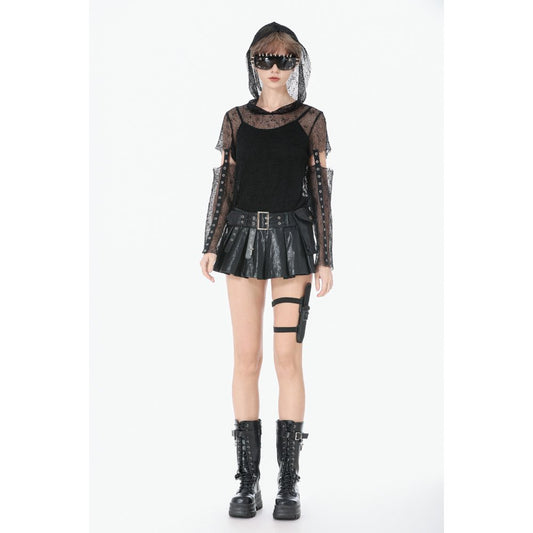 Dark in Love Punk Mesh Hollow-Out Hooded Mesh Top styled on a model