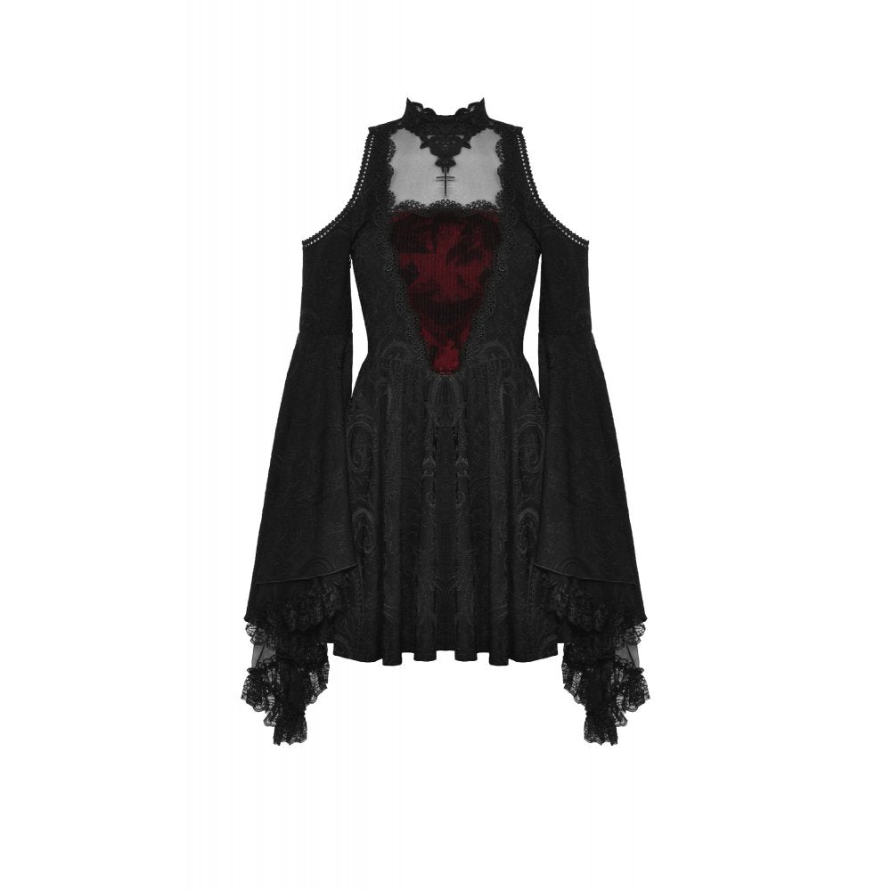 Dark in Love Gothic Black and Burgundy Avalon Cold Shoulder Dress - Kate's Clothing