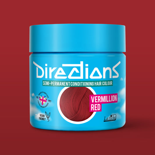 Directions Vermillion Red Hair Dye Pot with matching colour background